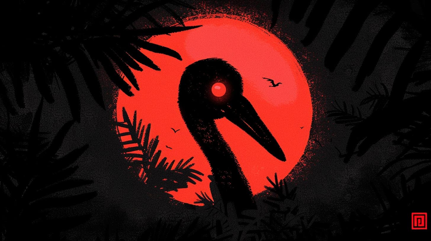 Crane, Red Sun. Poster piece by Desi Baker.