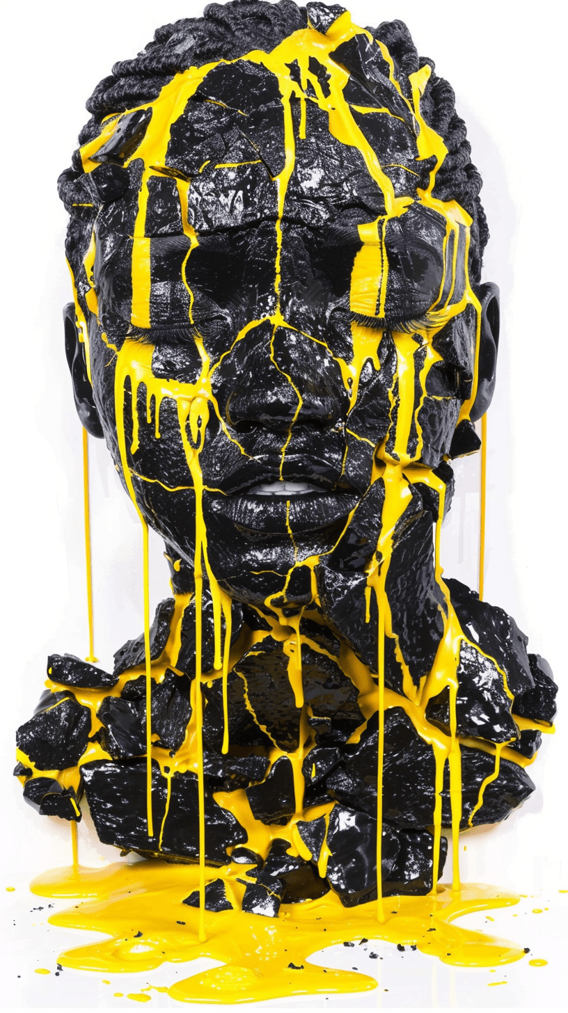 Black impasto portrait with closed eyes and bright yellow paint dripping across the face, by Desi Baker.